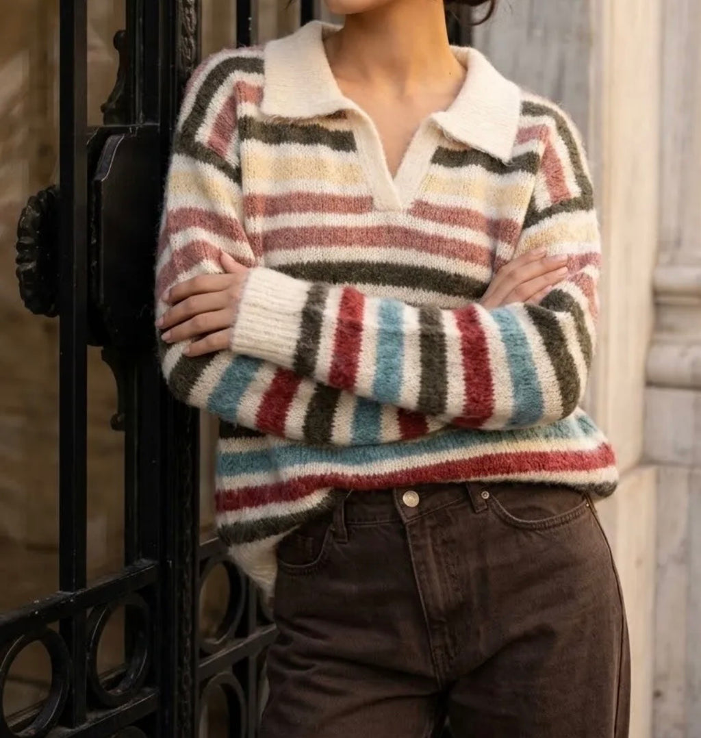 Pull rayé écru multicolore, vue de face
