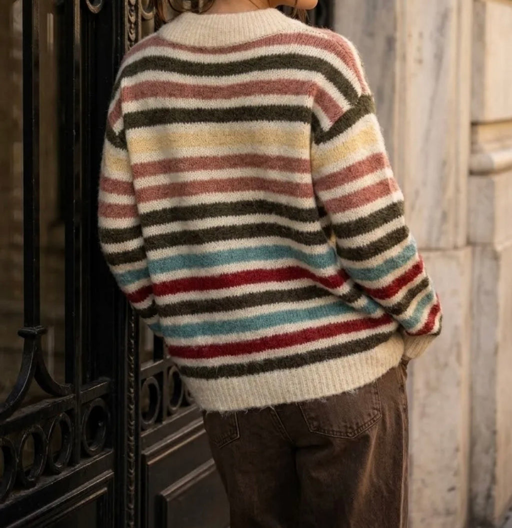 Pull rayé écru multicolore, vue de dos